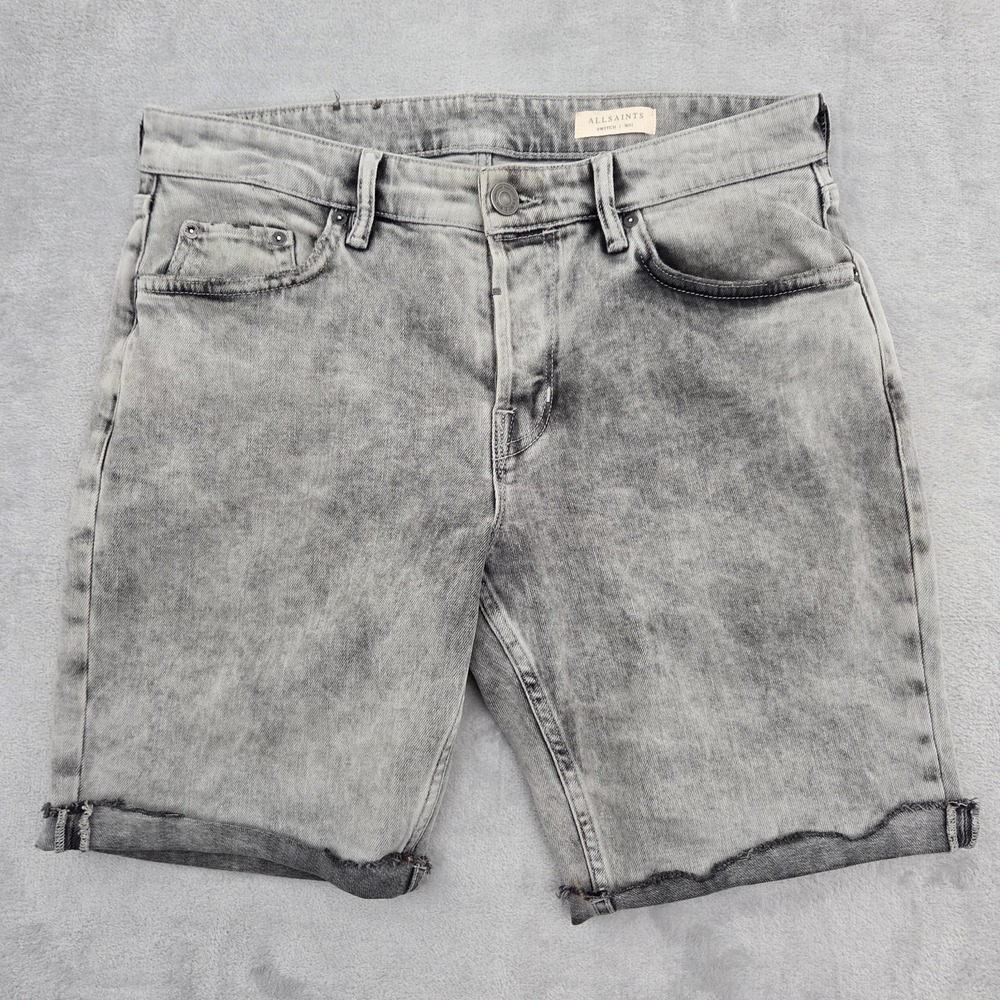 AllSaints Switch Denim Shorts Mens 31 Gray Button Fly Frayed Hem Cut Offs Jeans